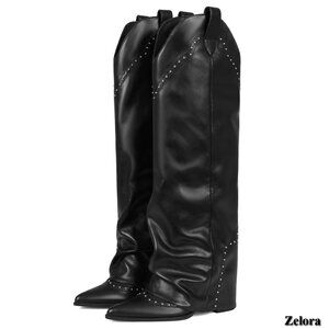 Knee High Studded Fold Over Boots with Snip Toe and Block Heel